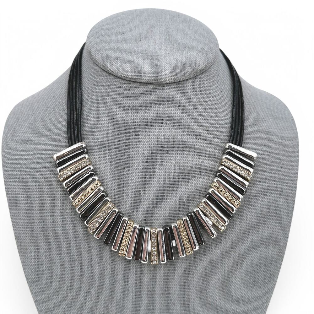 Nine West Collar Necklace Mixed Metal and Rhinestone on Leather Cord 16 Inch